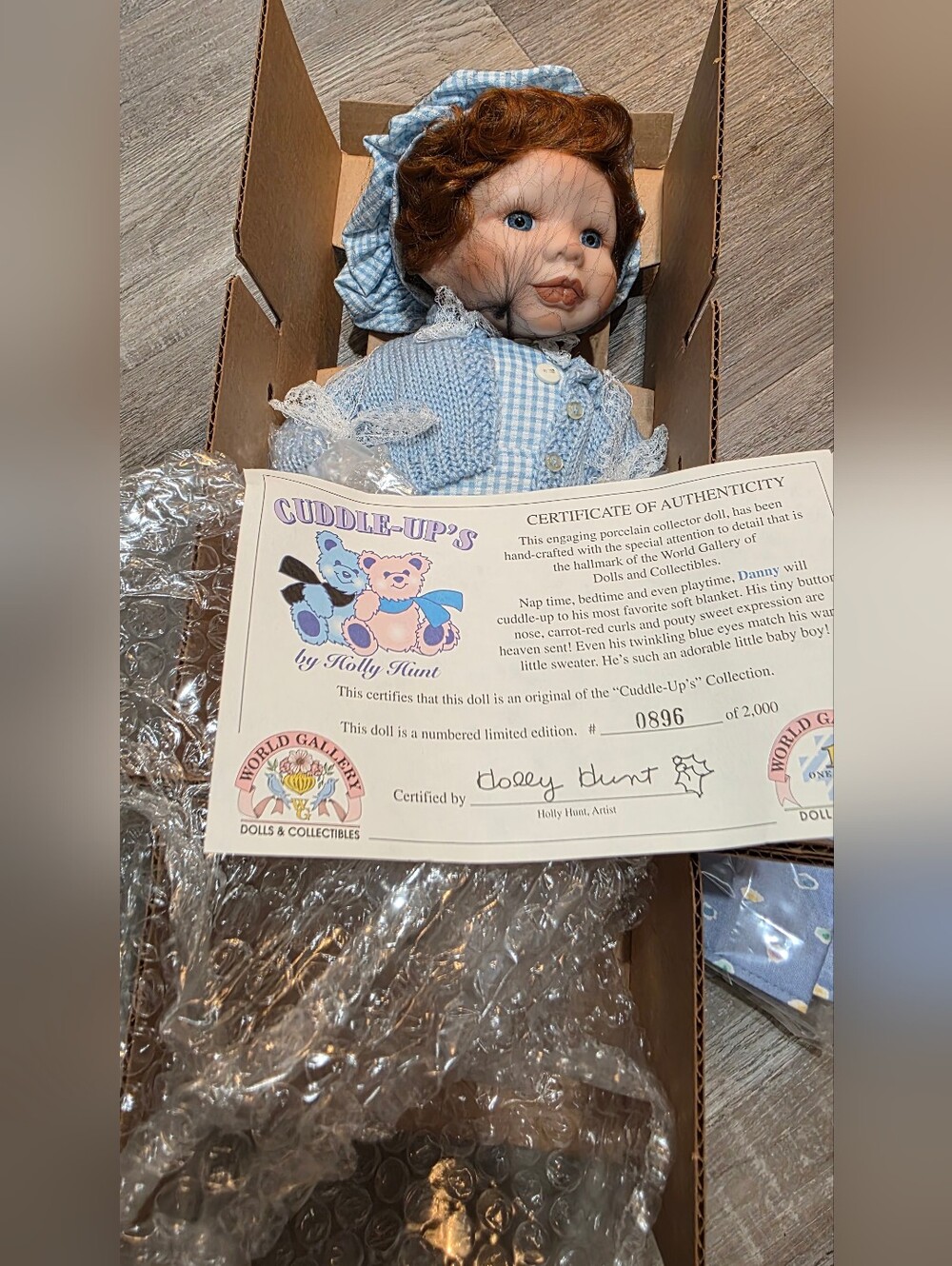 Vintage Nee Cuddle-Up's Porcelain Baby Doll in Blue Gingham Outfit
